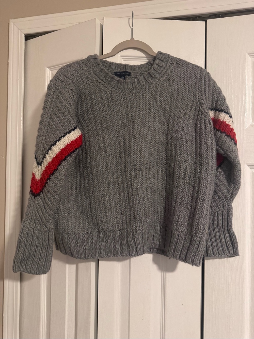 Tommy Hilfiger Gray Alpaca Wool Blend Cable Knit Chevron Stripe Sweater XS